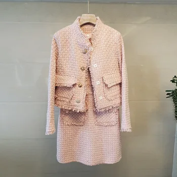 Mieru Obchod prispôsobiť plus veľkosť Krátke ružový kabát žien tweed pletená okraji bunda šaty zimné oblečenie