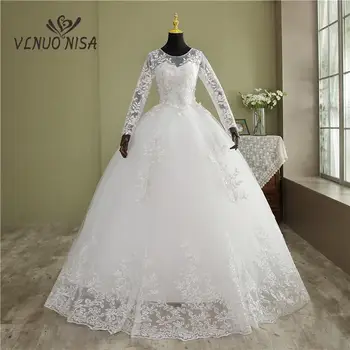 VLNUO NISA Real Video Nový kórejský Plus Veľkosť Svadobné šaty, Celý Rukáv Dlhý Čipky Appliques Noiva Šaty O-Krku Lacné, veľkoobchod Čína