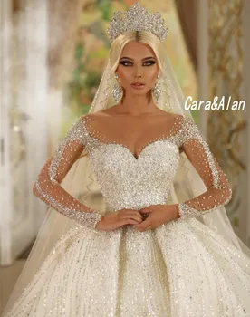 Luxusné arabčina Dubaj Svadobné Šaty Pre Ženy 2020 Sequin Korálkové Dlhé Rukávy Úplnej Krku Svadobné Šaty vestido de noiva 2021