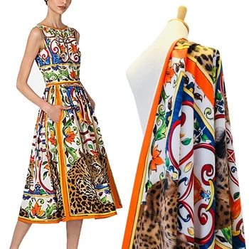 1.85 meter Módne Sicílskej Majolika S leopardím vzorom Multicolor Vytlačené Polyester Textílie Pre ženské Šaty DIY Handričkou Šitie