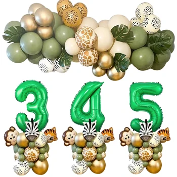29/49pcs 1-9 Zelené Číslo Balón Tiger, Monkey Fóliový Balón Tower Deti Jungle Safari Narodeniny Zvierat Party Dekorácie DIY Dodanie