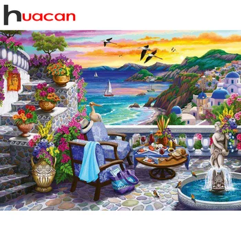 Huacan 5D DIY Diamond Maľovanie Prímorské Mozaiky Záhrada Cross Stitch Výšivky západ Slnka Domáce Dekorácie Krajiny