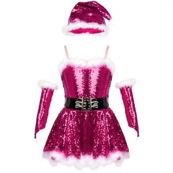 Deti, Dievčatá, Vianočné Santa Výkon Kostým Oblečenie Flitrami Obrázok Korčuľovanie Balet Dance Trikot Šaty s Klobúkom Rameno Rukávy