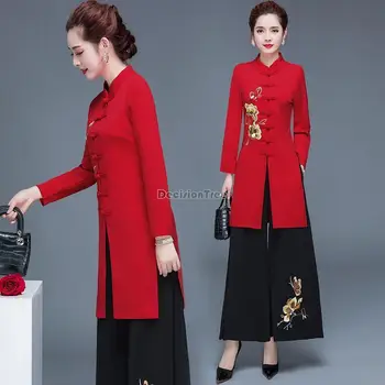 2023 čínskych etnických bežné oblek pre ženy, nový cheongsam tlačidlo dizajn top voľné retro výšivky širokú nohu nohavice módne nastaviť g620