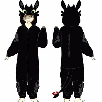 Bezzubej Dragon Kigurumis Black Onesie Dospelých Unisex Flanelové Pajama Anime Vlak Váš Night Fury Sleepwear Teplé Zahustiť Kombinézach
