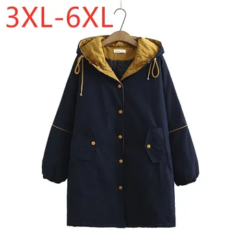 Nové dámske jesenné zimné plus veľkosť dlho skrčil mikina s kapucňou pre ženy veľké voľné dlhý rukáv vrecku tlačidlo modrý kabát 3XL 4XL 5XL 6XL