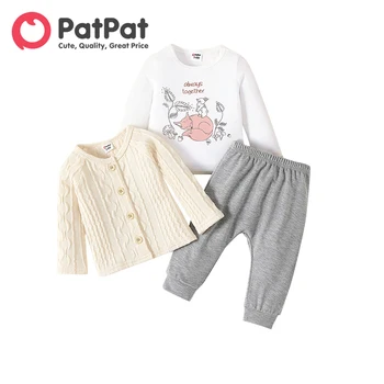 PatPat 3ks Baby Boy/Girl Sveter Sveter a Dlhé rukáv Graphic Tee s pevnou Nohavice Nastaviť