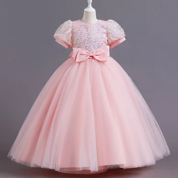 Dievčatá večerné šaty dlhé bublina rukáv princezná šaty ružové sladké šaty, šaty večera Halloween fáze show šaty