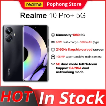 Realme 10 Pro+ 5G Mobilný Telefón 6.7 palcov 2160Hz Zakrivené Obrazovke Dimensity 1080 67W SmartFlash poplatok 5000mAh Android 13 NFC