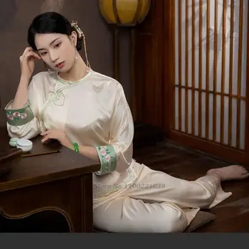 2022 tradičnej čínskej pyžamo ženy čipky ice hodváb nastaviť hladké sladká holka, domáce oblečenie, tričko &nohavice sleepwear vintage sleepwear