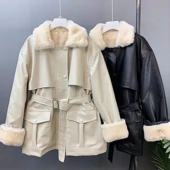 ženy oblečenie zimné 2021 nové kórejčina Pu kožušiny jeden kus kožušiny golier čipky Plyšové módna bunda na motocykel, oblečenie žien kabát