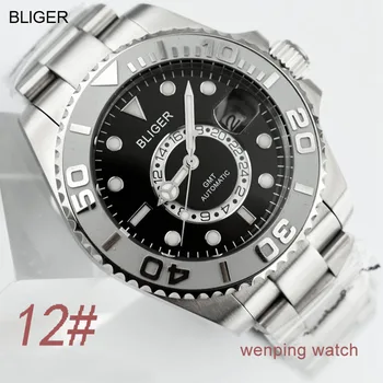 1 ks E2417 BLIGER 43mm Keramické čierna oceľ remienok GMT Funkčné automatické hodinky pánske Náramkové hodinky