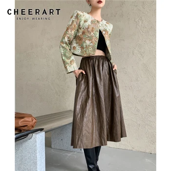 CHEERART Vintage Žakárové Ostrihané Bunda Ženy olejomaľba Dizajnér Krátky Kabát Zelenej Jeseň Outwear kórejský Módne Oblečenie